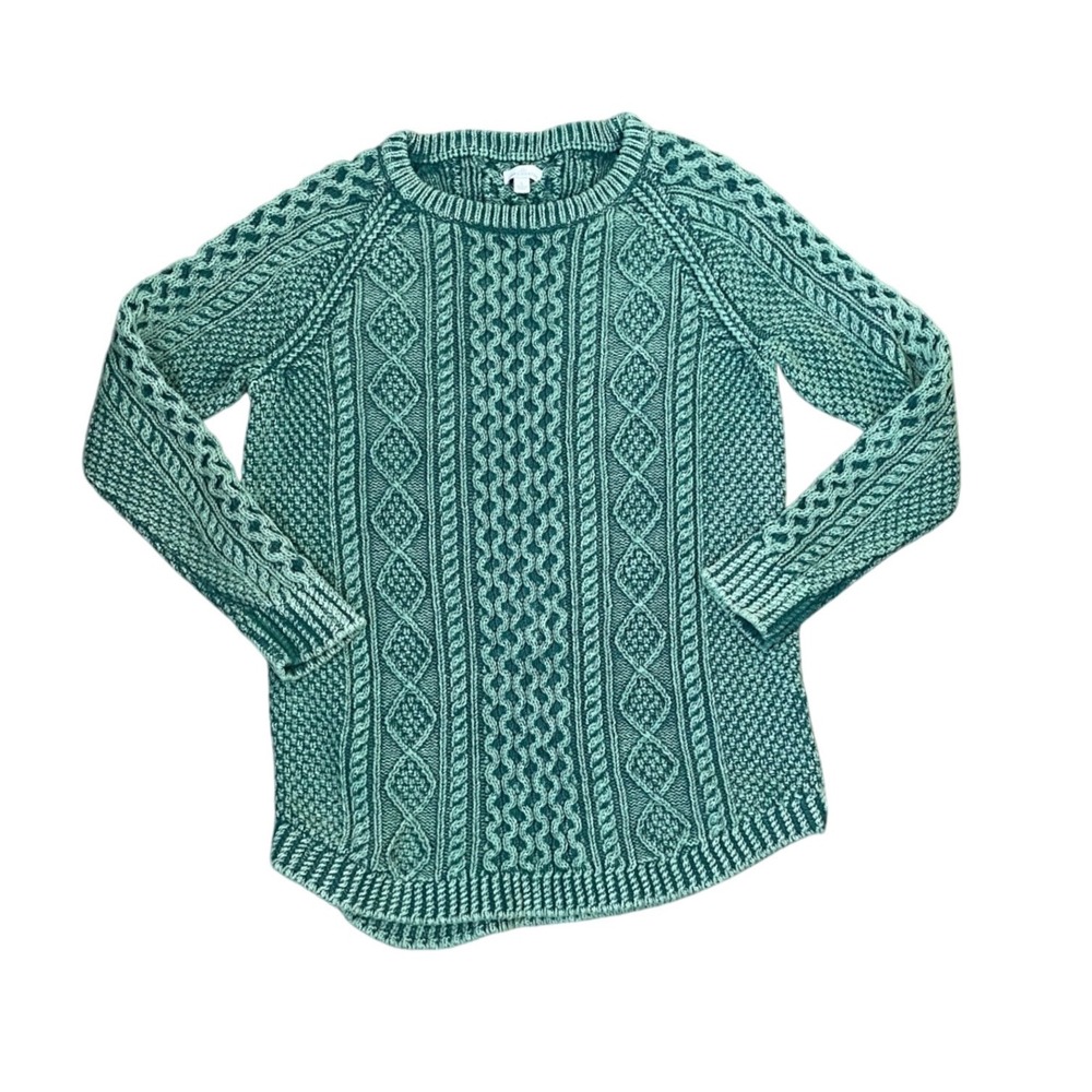 LL Bean Signature Green Cable Knit Cotton Sweater Womens Large Side Zip 297471